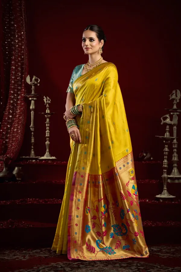 Yellow_Paithani_Silk_Saree_With_Zari_Pallu_&_Contrast_Teal_Blue_Blouse_For_Women