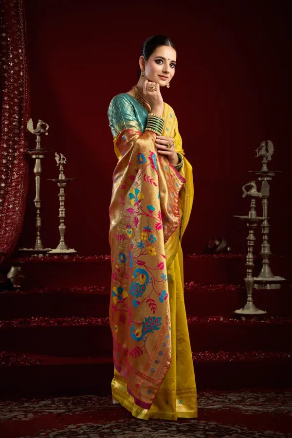Yellow_Paithani_Silk_Saree_With_Zari_Pallu_&_Contrast_Teal_Blue_Blouse_For_Women