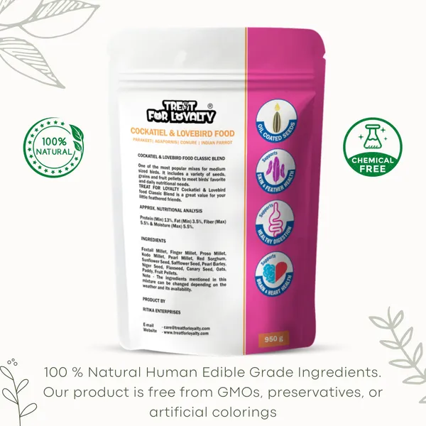 TREAT_FOR_LOYALTY_Cockatiel_Lovebird_Food|Seeds,_Grains,_Nuts_&_Fruit_Pellets|For_Cockatiel,_Lovebird,_Parakeet,_Agapornis,_Conure,_Indian_Parrot,All_Life_Stages,1_Count