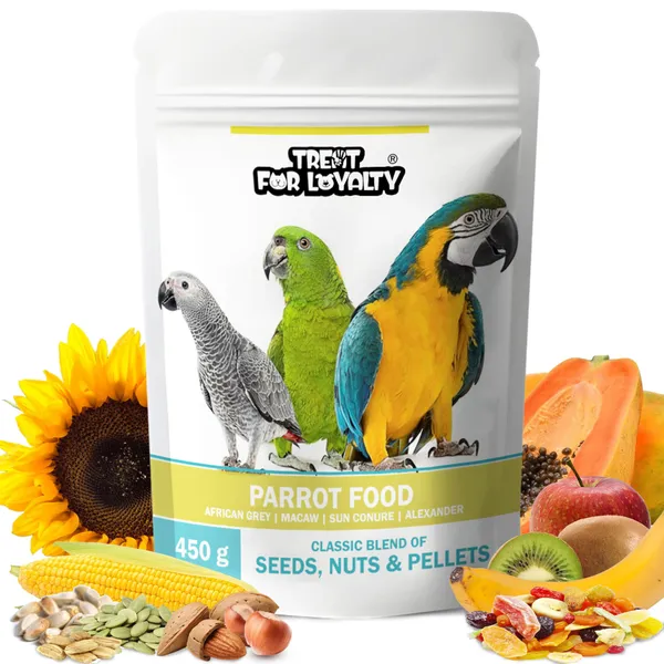 TREAT_FOR_LOYALTY_Parrot_Food_For_African_Grey_Parrot,Sun_Conure,Macaw,Lovebird_&_Alexander|Seeds,Nuts_&_Fruit_Pellets_Mix|Premium_Seed_Blend_-_450G,All_Life_Stages