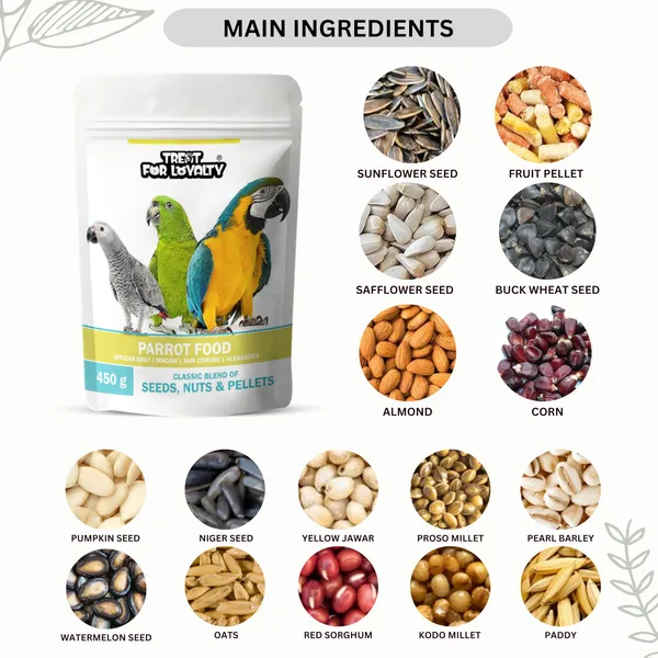 TREAT_FOR_LOYALTY_Parrot_Food_For_African_Grey_Parrot,Sun_Conure,Macaw,Lovebird_&_Alexander|Seeds,Nuts_&_Fruit_Pellets_Mix|Premium_Seed_Blend_-_450G,All_Life_Stages