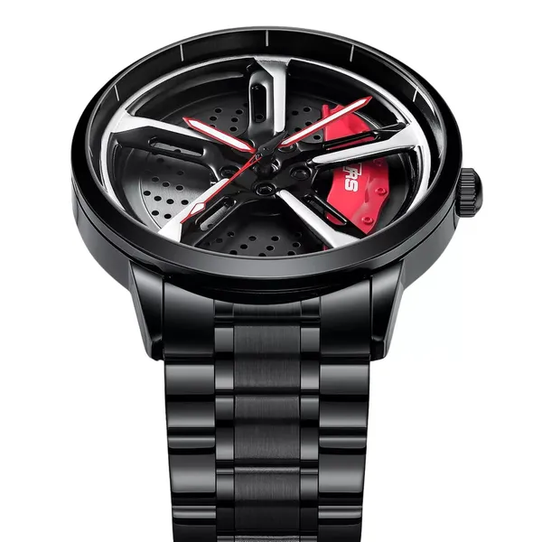 Men’s_Black_Alloy_Wheel_Rim_Design_Watch_with_Red_Brake_Caliper_Dial_–_Stainless_Steel_Strap_Quartz_Wristwatch