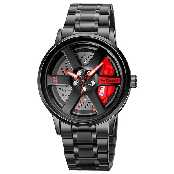 Men’s_Black_Alloy_Wheel_Rim_Design_Watch_with_Red_Brake_Caliper_Dial_–_Stainless_Steel_Strap_Quartz_Wristwatch
