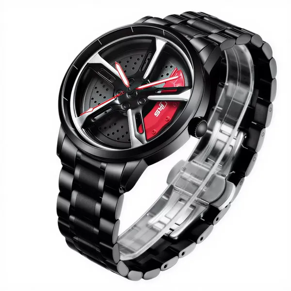 Men’s_Black_Alloy_Wheel_Rim_Design_Watch_with_Red_Brake_Caliper_Dial_–_Stainless_Steel_Strap_Quartz_Wristwatch
