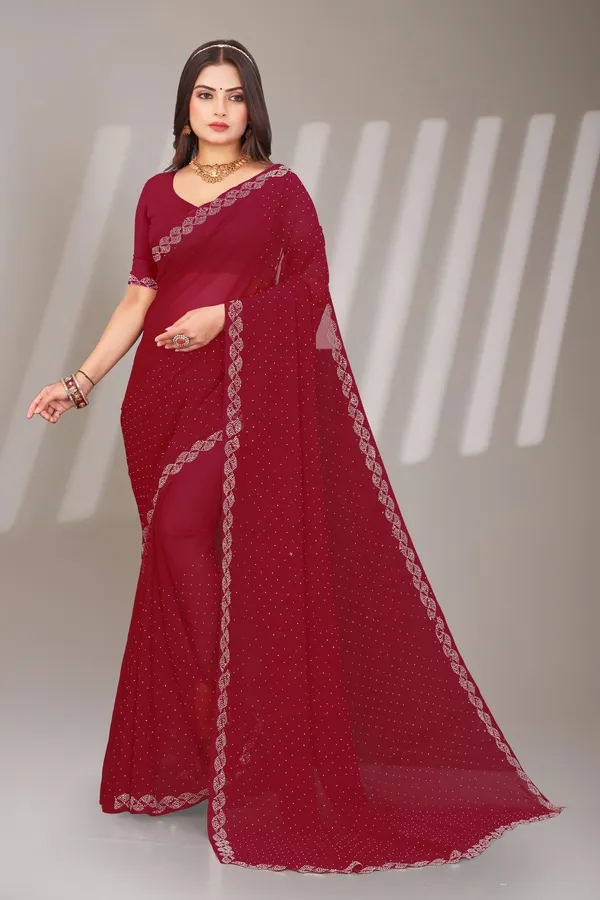 Maroon_Georgette_Beautiful_Party_Wear_Chiffon_With_Unique_Diamond_Work_Saree_For_Women