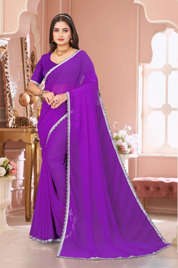 Purple_Georgette_Attractive_Party_Wear_With_Beautiful_Lace_Work_Saree_For_Women