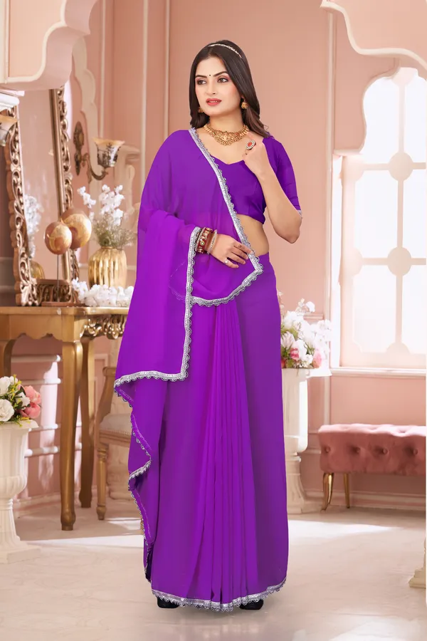 Purple_Georgette_Attractive_Party_Wear_With_Beautiful_Lace_Work_Saree_For_Women