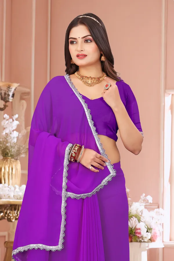 Purple_Georgette_Attractive_Party_Wear_With_Beautiful_Lace_Work_Saree_For_Women
