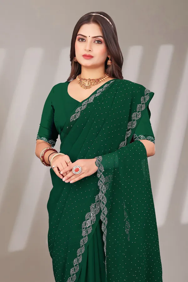 Green_Georgette_Beautiful_Party_Wear_Chiffon_With_Unique_Diamond_Work_Saree_For_Women