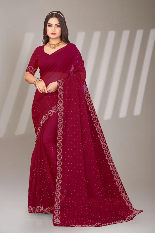 Maroon_Georgette_Beautiful_Party_Wear_Chiffon_With_Unique_Diamond_Work_Saree_For_Women