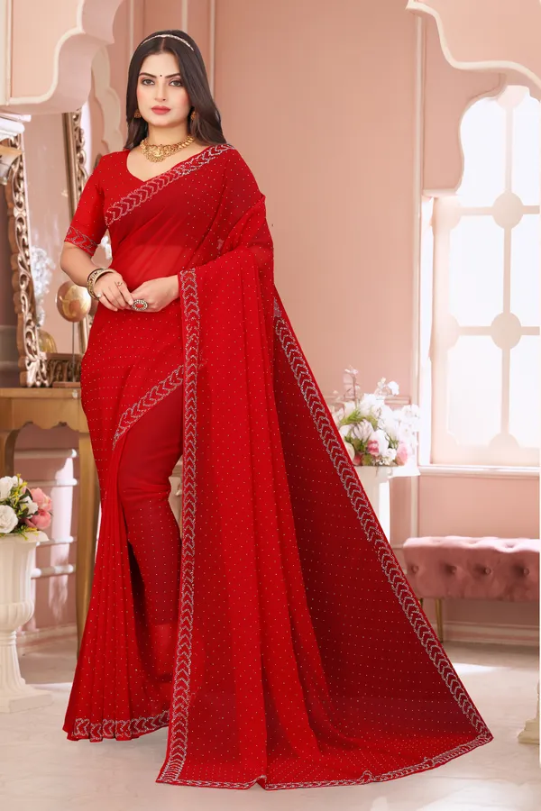 Red_Georgette_Attractive_Party_Wear_With_Beautiful_Diamond_Work_Saree_For_Women