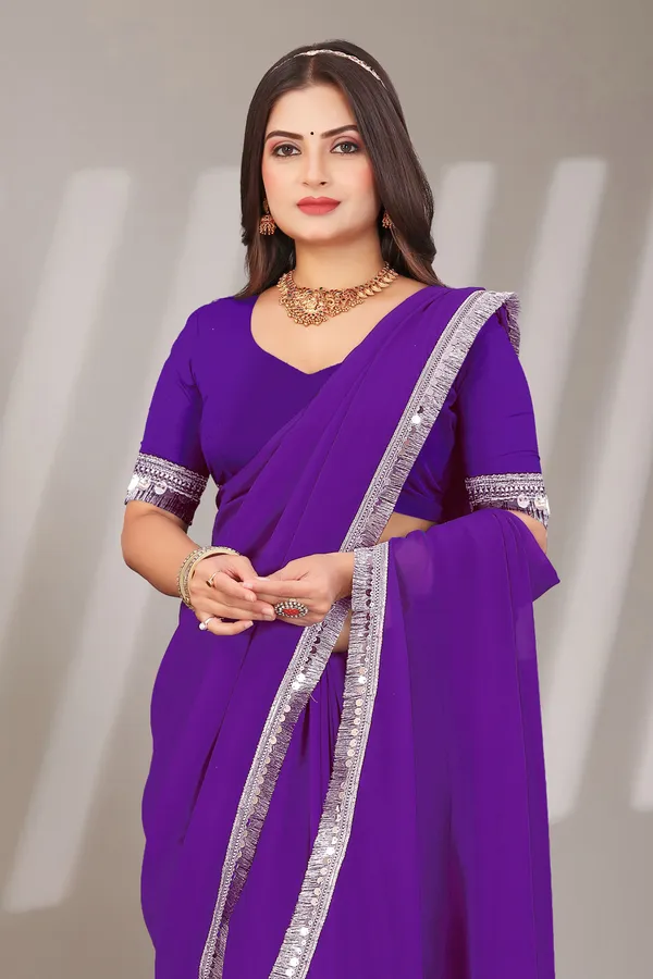 Purple_Georgette_Attractive_Party_Wear_With_Beautiful_Lace_Work_Saree_For_Women