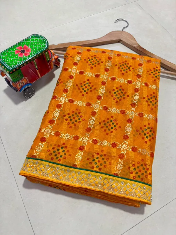 Yellow_Georgette_Top_Trending_Bandhani_With_Beautiful_Lace_Work_Saree_For_Women