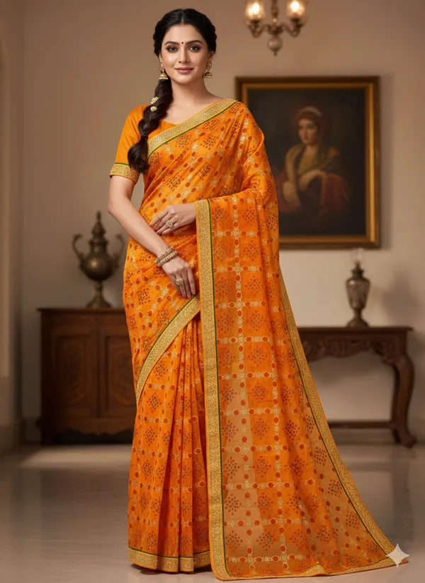 Yellow_Georgette_Top_Trending_Bandhani_With_Beautiful_Lace_Work_Saree_For_Women