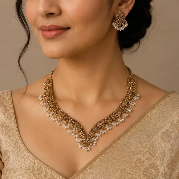 Antique_Gold_Pearl_Drop_V-Shape_Necklace_Set