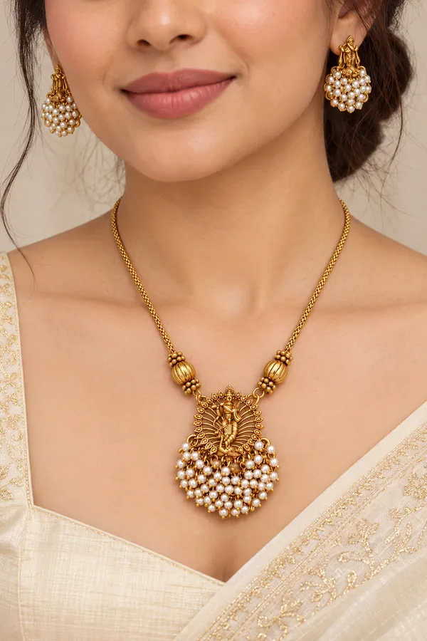 Antique_Gold_Plated_Goddess_With_Pearl_Beaded_Pendant_Necklace_Set_With_Matching_Earrings