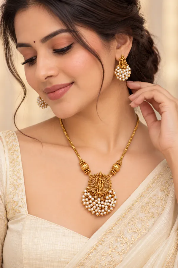 Antique_Gold_Plated_Goddess_With_Pearl_Beaded_Pendant_Necklace_Set_With_Matching_Earrings