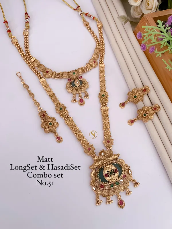 Designer_Antique_Matte_Gold_Temple_Long_&_Hasadi_Jewellery_Combo_Set