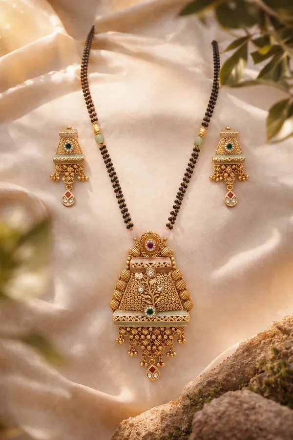 Designer_Black_Beads_Mangalsutra_With_Earrings