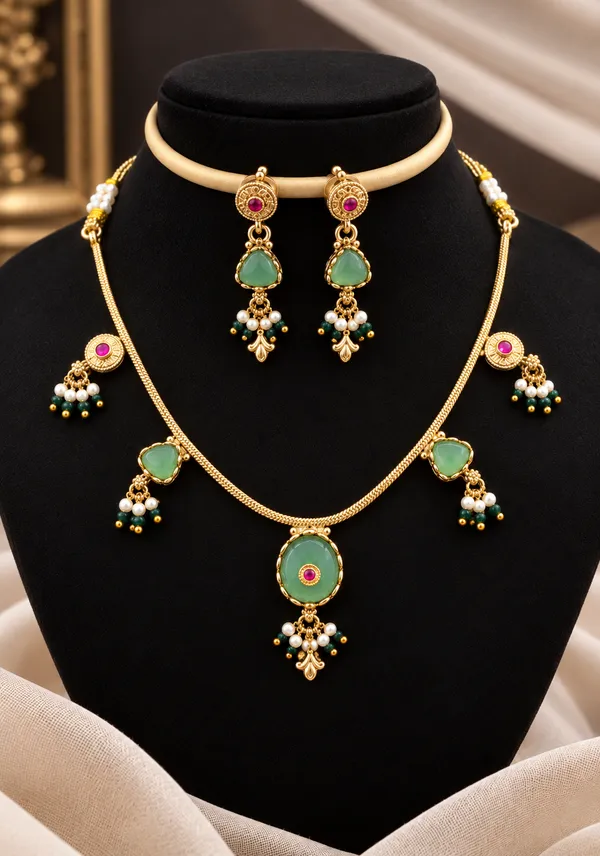 Green_Stone_Gold-Plated_Necklace_Set_with_Matching_Earrings