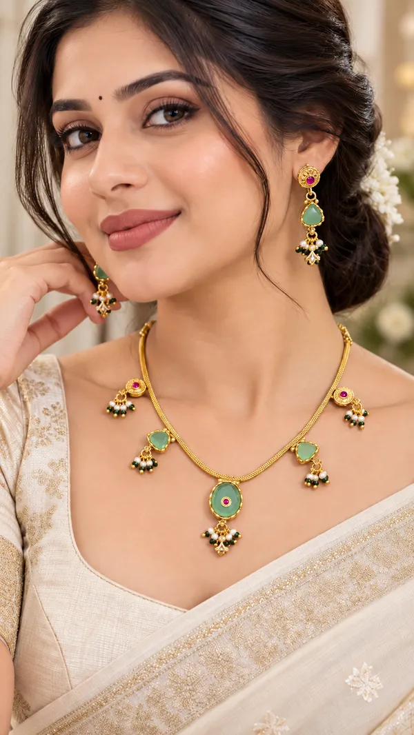 Green_Stone_Gold-Plated_Necklace_Set_with_Matching_Earrings