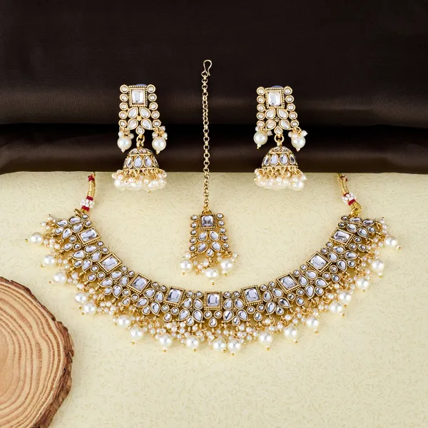 Ivory_Pearl_Kundan_Choker_Necklace_Set_With_Jhumka_Earrings_&_Maang_Tikka_For_Women