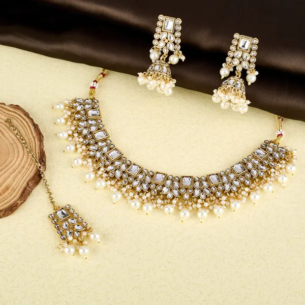 Ivory_Pearl_Kundan_Choker_Necklace_Set_With_Jhumka_Earrings_&_Maang_Tikka_For_Women