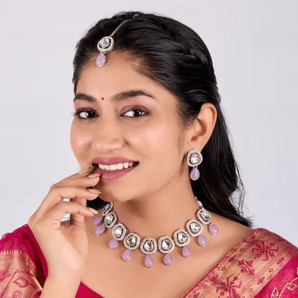 Lavender_Silver_Mirror_Drop_Necklace_Set_With_Earrings_&_Maang_Tikka_For_Women
