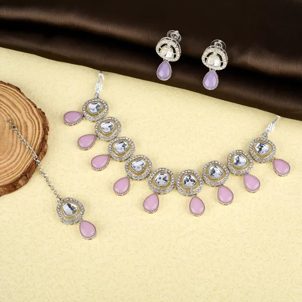 Lavender_Silver_Mirror_Drop_Necklace_Set_With_Earrings_&_Maang_Tikka_For_Women