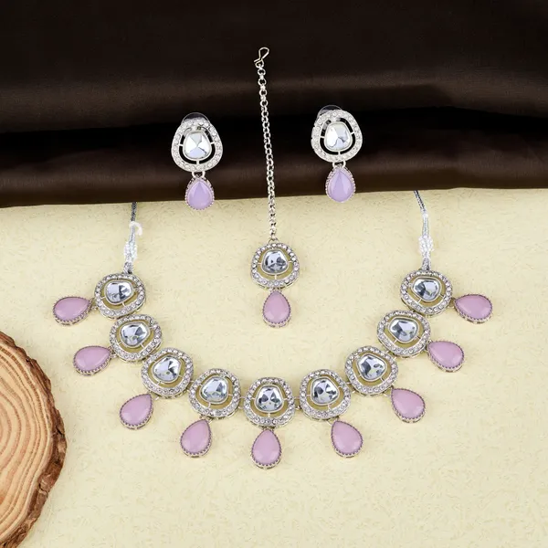 Lavender_Silver_Mirror_Drop_Necklace_Set_With_Earrings_&_Maang_Tikka_For_Women