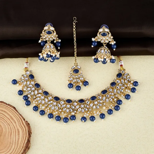 Navy_Blue_Kundan_Pearl_Choker_Necklace_Set_With_Jhumka_Earrings_&_Maang_Tikka_For_Women