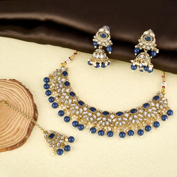 Navy_Blue_Kundan_Pearl_Choker_Necklace_Set_With_Jhumka_Earrings_&_Maang_Tikka_For_Women