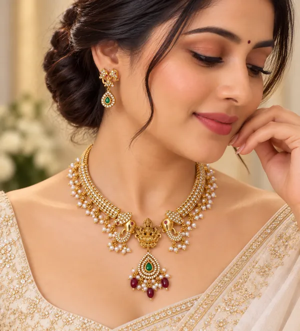 Royal_Kundan_Lakshmi_Green_Stone_Pearl_Necklace_Set