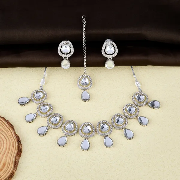 Silver_&_White_Mirror_Drop_Necklace_Set_With_Earrings_&_Maang_Tikka_For_Women