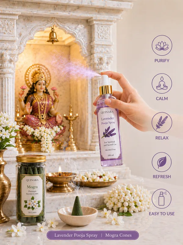 QUINARA_Premium_Incense_Combo_Set_–_Lavender_&_Rose_Agarbatti_(80_Sticks_Each)_+_Mogra_Dhoop_Cones_(50)_+_Lavender_Puja_Spray_(100ml)_|_Complete_Pooja_&_Home_Fragrance_Kit