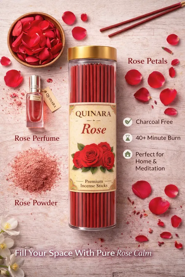 QUINARA_Premium_Incense_Combo_Set_–_Chandan_&_Rose_Agarbatti_(80_Sticks_Each)_+_Mogra_Dhoop_Cones_(50)_+_Lavender_Puja_Spray_(100ml)