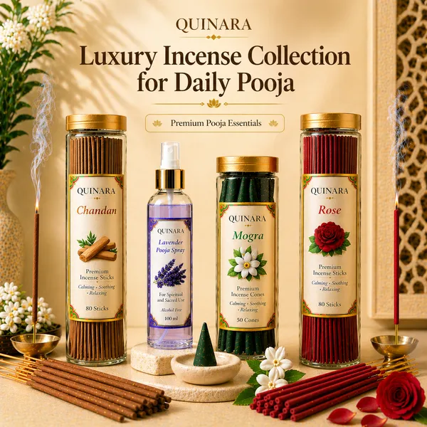 QUINARA_Premium_Incense_Combo_Set_–_Chandan_&_Rose_Agarbatti_(80_Sticks_Each)_+_Mogra_Dhoop_Cones_(50)_+_Lavender_Puja_Spray_(100ml)