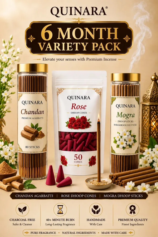 Quinara_6_Month_Variety_Pack_–_Chandan_Agarbatti_(80_Sticks)_+_Rose_Dhoop_Cones_(50_Cones)_+_Mogra_Bambooless_Dhoop_Sticks_(50_Sticks)_|_Charcoal_Free_|_Premium_Long_Lasting_Fragrance_|_Daily_Pooja_&_Meditation