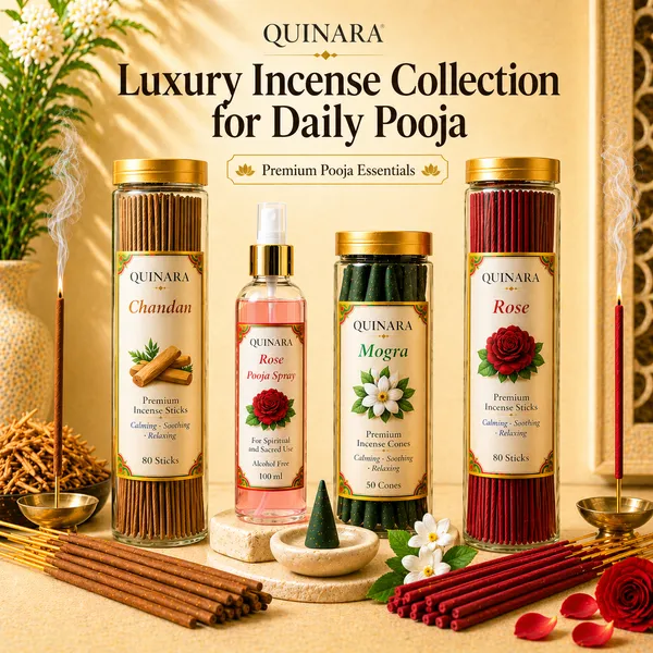QUINARA_Premium_Incense_Combo_Set_-_Chandan_&_Rose_Agarbatti_Combo_(80_Sticks_Each)_+_Mogra_Dhoop_Cones_(50)_+_Rose_Pooja_Spray_(100ml)_–_Complete_Home_Fragrance_&_Pooja_Kit