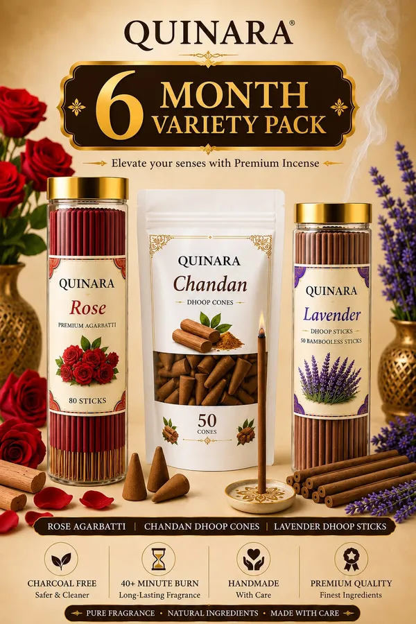 Quinara_6_Month_Variety_Pack_–_Rose_Agarbatti_(80_Sticks)_+_Chandan_Dhoop_Cones_(50_Cones)_+_Lavender_Bambooless_Dhoop_Sticks_(50_Sticks)_|_Charcoal_Free_|_Long_Lasting_Premium_Fragrance_|_Daily_Pooja_&_Meditation_Combo