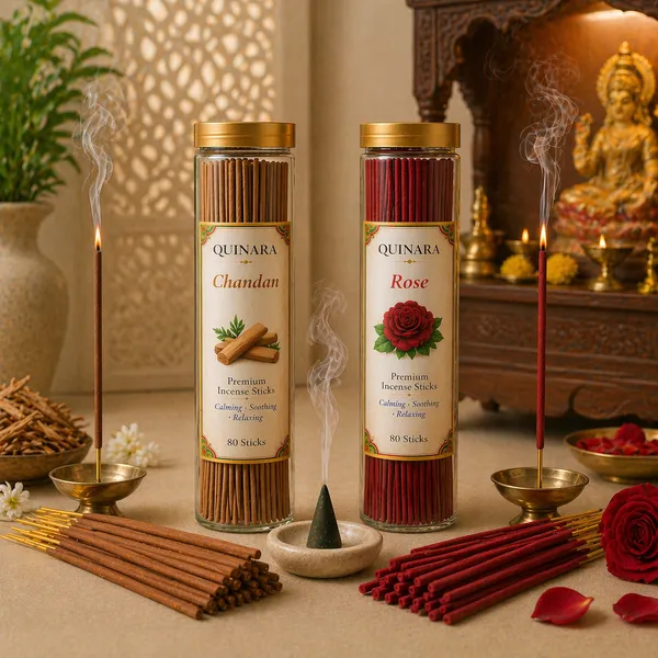 QUINARA_Premium_Incense_Combo_Set_–_Chandan_&_Rose_Agarbatti_(80_Sticks_Each)_+_Mogra_Dhoop_Cones_(50)_+_Lavender_Puja_Spray_(100ml)