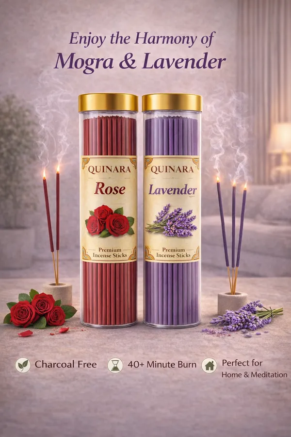 QUINARA_Premium_Incense_Combo_Set_–_Lavender_&_Rose_Agarbatti_(80_Sticks_Each)_+_Mogra_Dhoop_Cones_(50)_+_Lavender_Puja_Spray_(100ml)_|_Complete_Pooja_&_Home_Fragrance_Kit