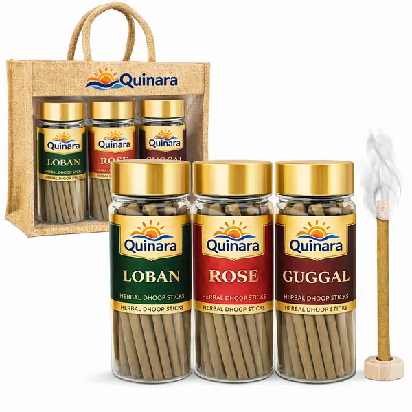 Quinara_Herbal_Dhoop_Sticks_Combo_(Loban,_Rose_&_Guggal_100_g_Each_with_Free_Jute_Carry_Bag_Charcoal-Free_|_Herbal_|_Long-Lasting_Aroma