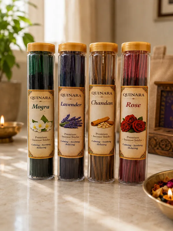 Quinara_Premium_Agarbatti_Stick_Combo_Pack_(Set_of_4)_–_Chandan,_Rose,_Mogra_&_Lavender_|_40_Sticks_Each_|_Long-Lasting_Natural_Aroma
