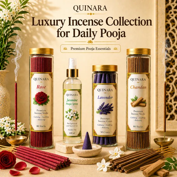 QUINARA_Premium_Incense_Combo_Set-_Rose_&_Chandan_Agarbatti_(80_Sticks_Each)_+_Lavender_Dhoop_Cones_(50)_+_Jasmine_Pooja_Spray_(100ml)_–_Complete_Spiritual_Fragrance_Combo