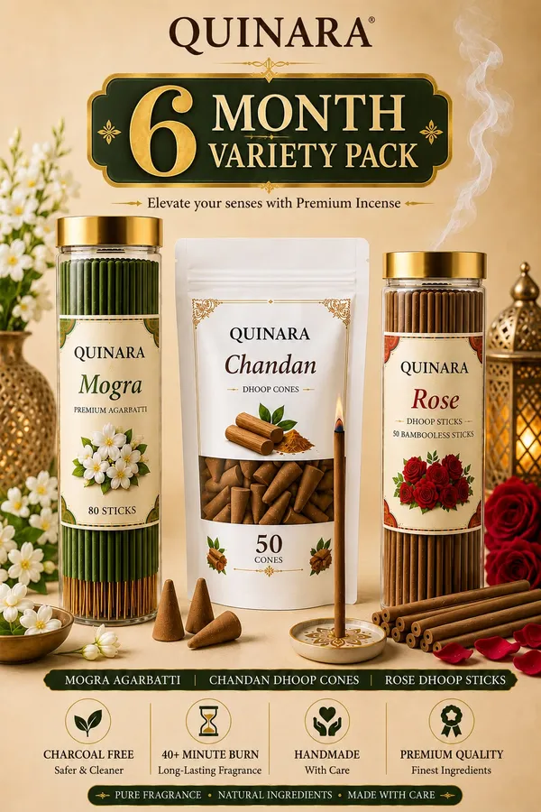 Quinara_6_Month_Variety_Pack_–_Mogra_Agarbatti_(80_Sticks)_+_Chandan_Dhoop_Cones_(50_Cones)_+_Rose_Bambooless_Dhoop_Sticks_(50_Sticks)_|_Charcoal_Free_|_Long_Lasting_Premium_Fragrance_|_Daily_Pooja_&_Meditation_Combo