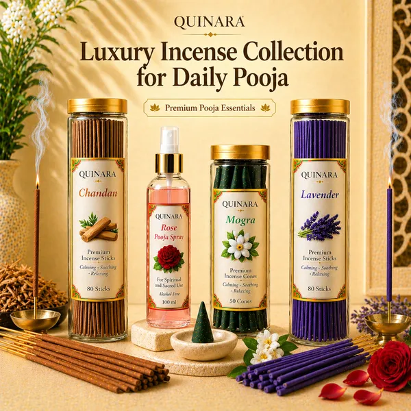 QUINARA_Premium_Incense_Combo_Set__–_Chandan_&__Lavender_Agarbatti_(80_Sticks_Each)_+_Mogra_Dhoop_Cones_(50)_+_Rose_Puja_Perfume_Spray_(100ml)