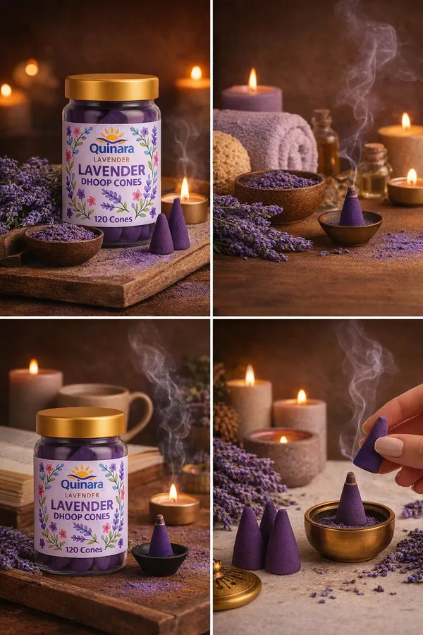 Multicolor_Premium_Dhoop_Cones_For_Pooja_|_120_Dhoop_Cones_I_Fragrances_Lavander_|_Long_Lasting_Fragrance_For_Meditation,_Prayer,_Yoga,_Home_&_Office_|_Natural_Herbal_Incense_Cones_Lavender