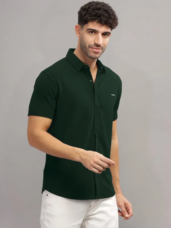 Bottle_Green_Cotton_Blend_Solid_Half_Sleeve_Shirt_For_Men