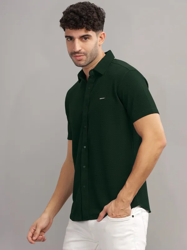 Bottle_Green_Cotton_Blend_Solid_Half_Sleeve_Shirt_For_Men